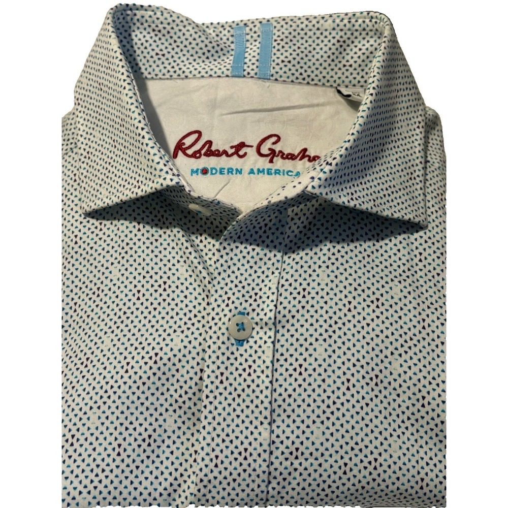 Robert Graham Mens M Tailored Fit Long Sleeve Button Up Shirt Blue White Geo